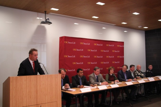 Dean Carmen Puliafito and the panel at the Tenth Anniversary event at USC