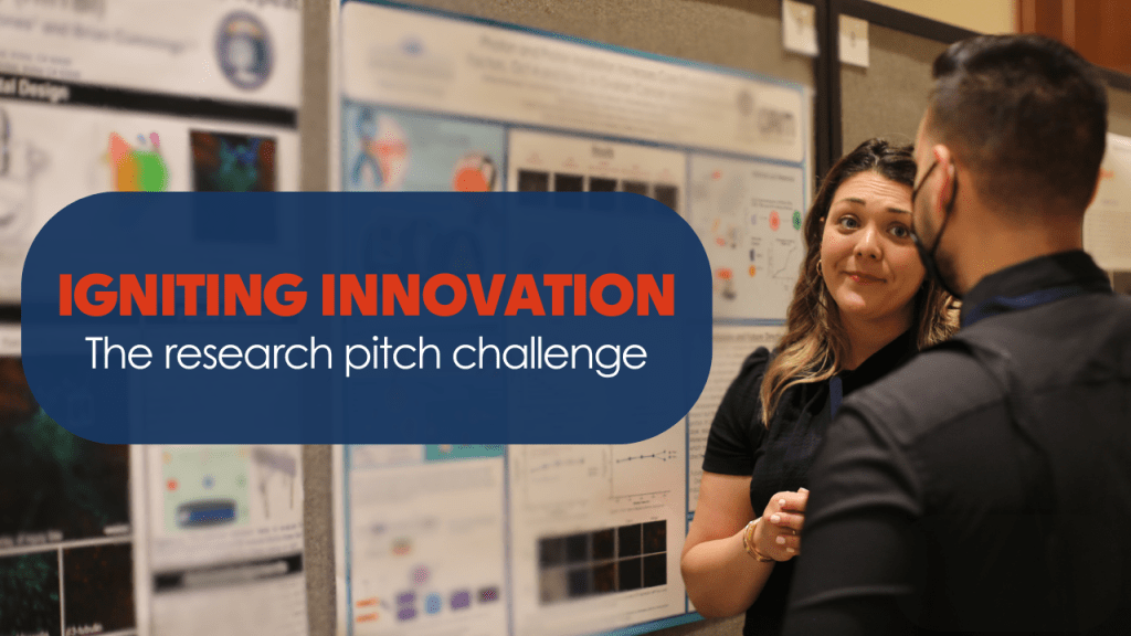 Banner Image - a research discussing her research to an active listener. Text on the left side that says, "Igniting Innovation: The research pitch challenge"