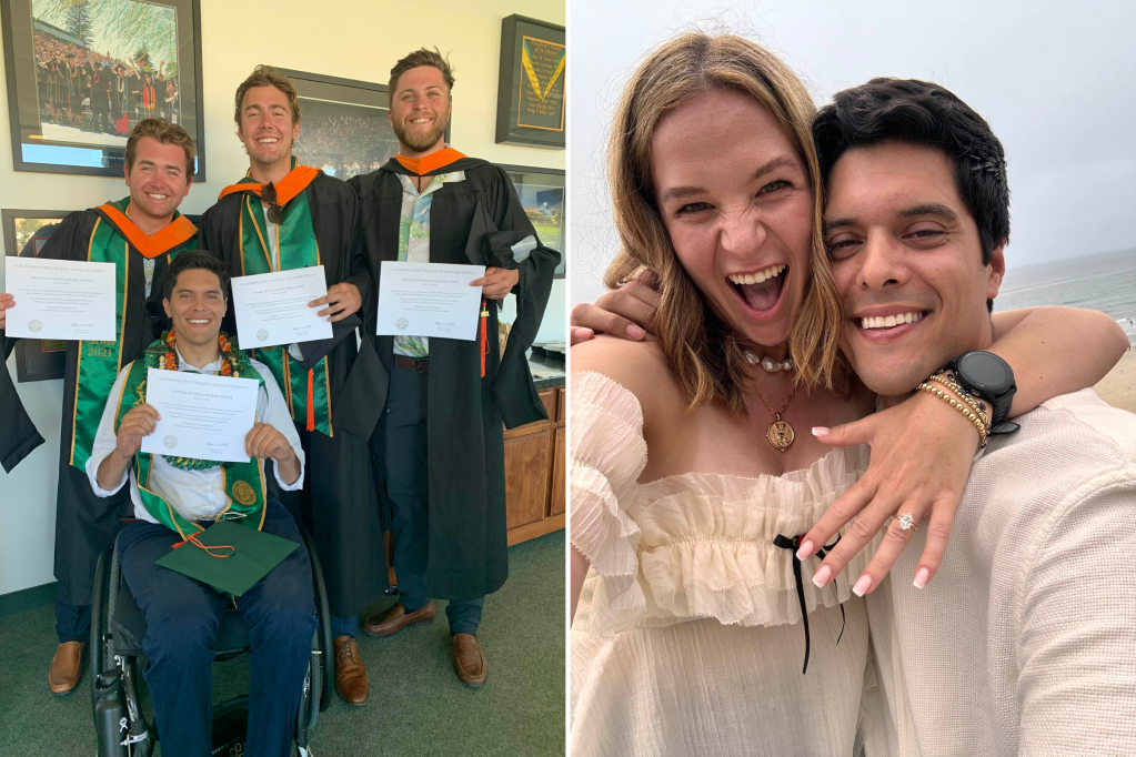 Image of Jake graduating at CalPoly and an image of Jake with his fiance.