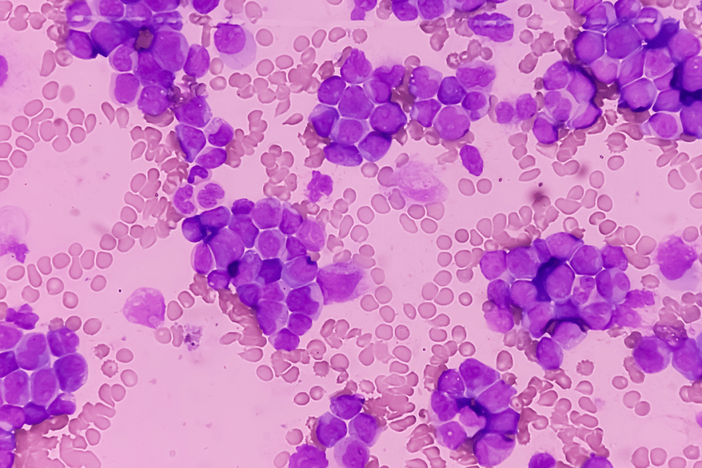 Stock image of acute myeloid leukemia (AML) blood cells