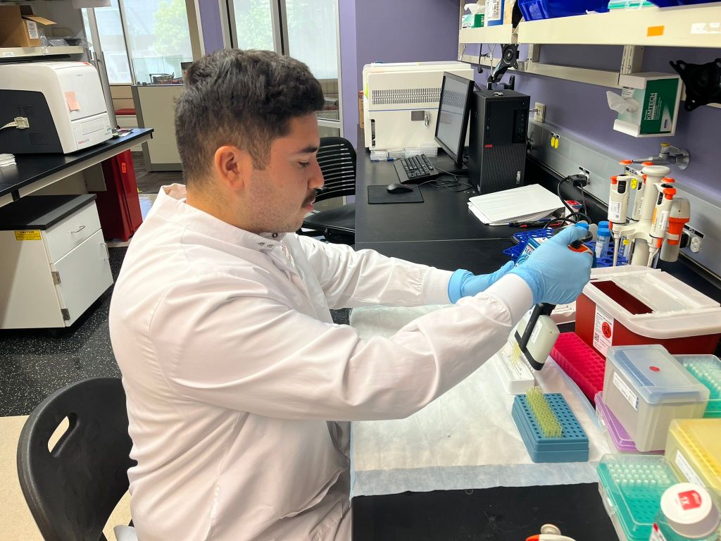 Jose Solorio in the Stanford GMP Facility lab
Photo Courtesy of the Stanford GMP Facility: Laboratory for Cell and Gene Medicine