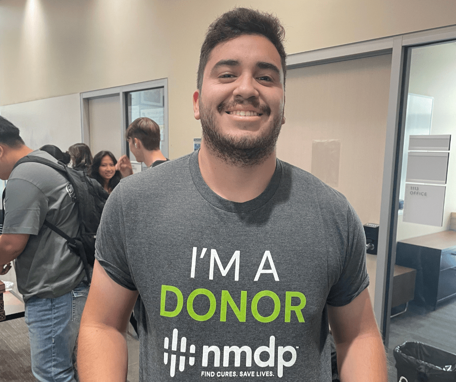 Solano Community College student and CIRM COMPASS trainee, Jose Solorio, proudly wearing his NMDP "I'm a Donor" tee shirt.