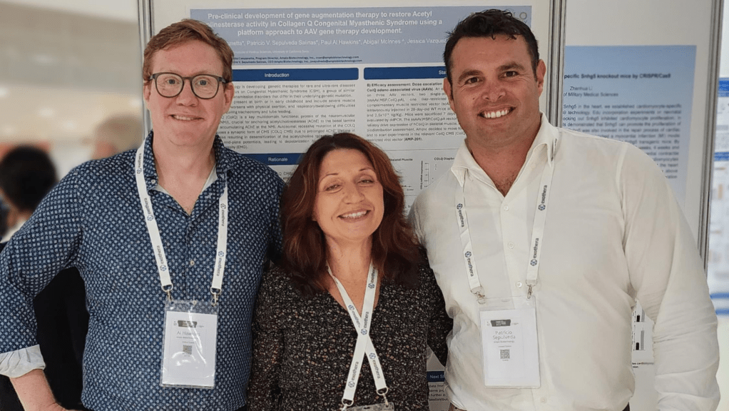 From left to right: Paul Al Hawkins, Claudia Canzonetta, PhD, and Patricio Sepulveda, PhD, MBA. 

Photo Courtesy of Amplo Bio