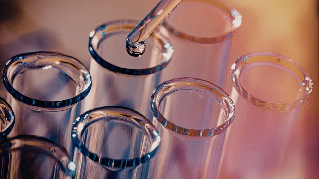 Close up image of lab beakers